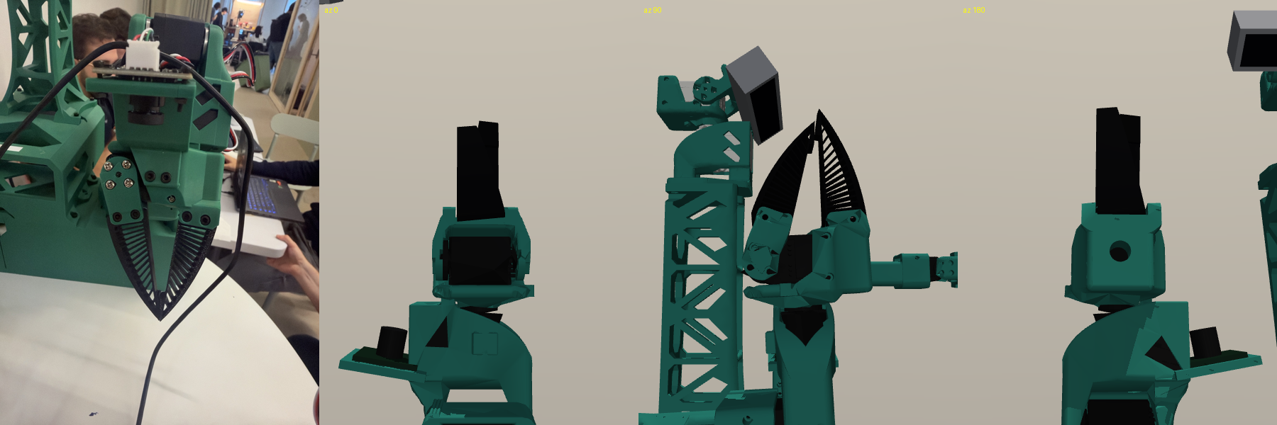 Real compliant fingers next to rigid simulated jaws